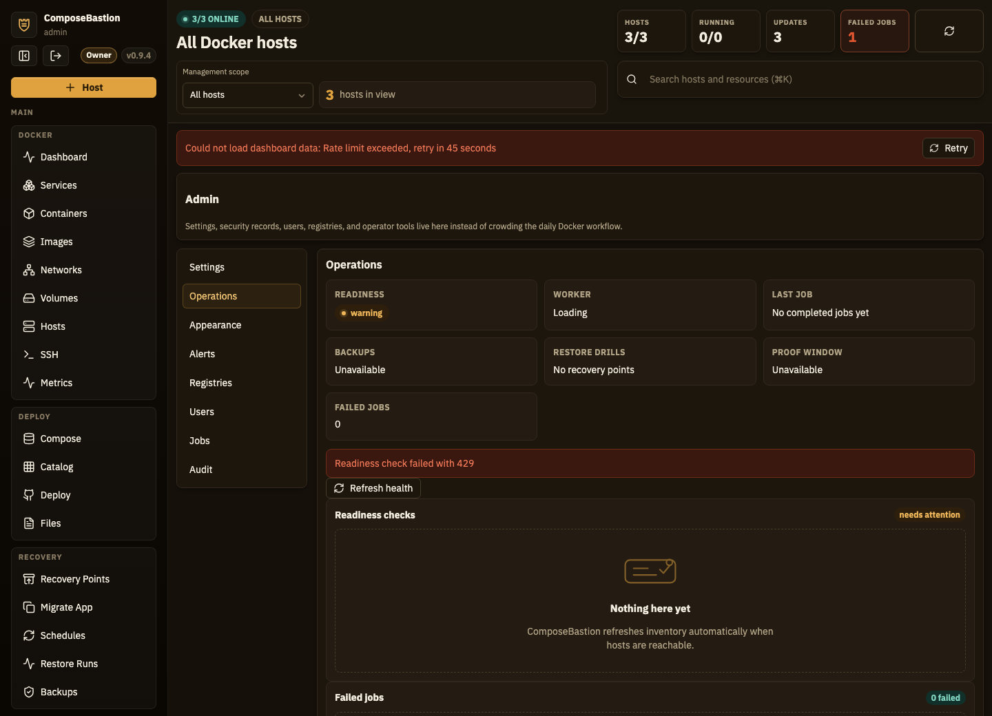 Operations dashboard with readiness, backup health, and failed job guidance