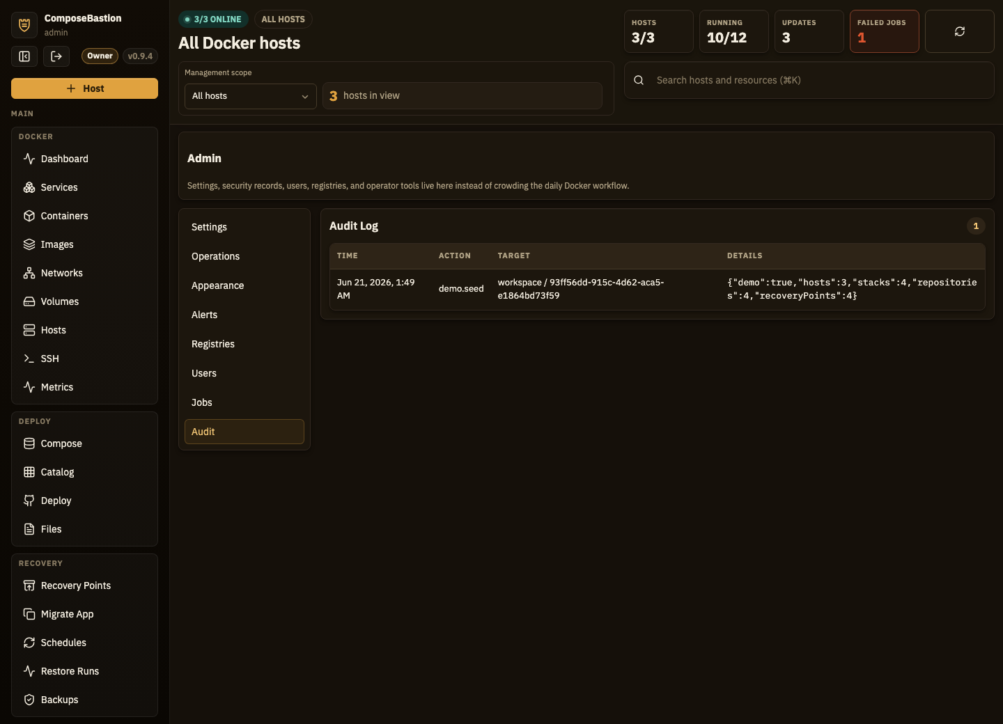 Audit log of every operator action