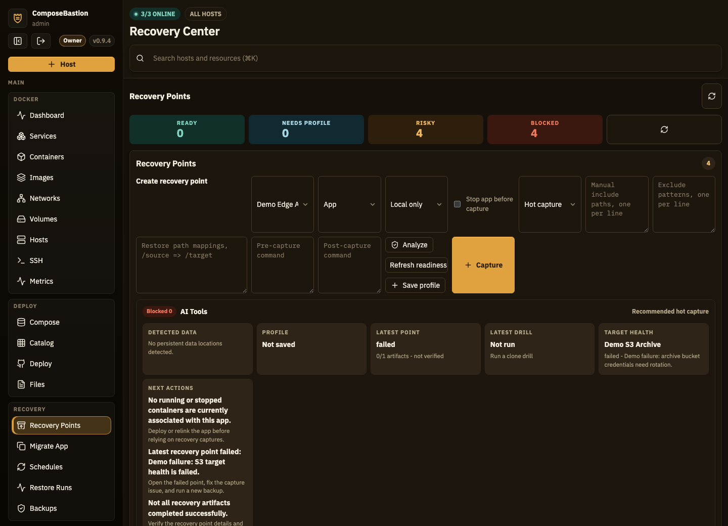 Recovery Center showing completed, partial, and failed recovery points with readiness scores