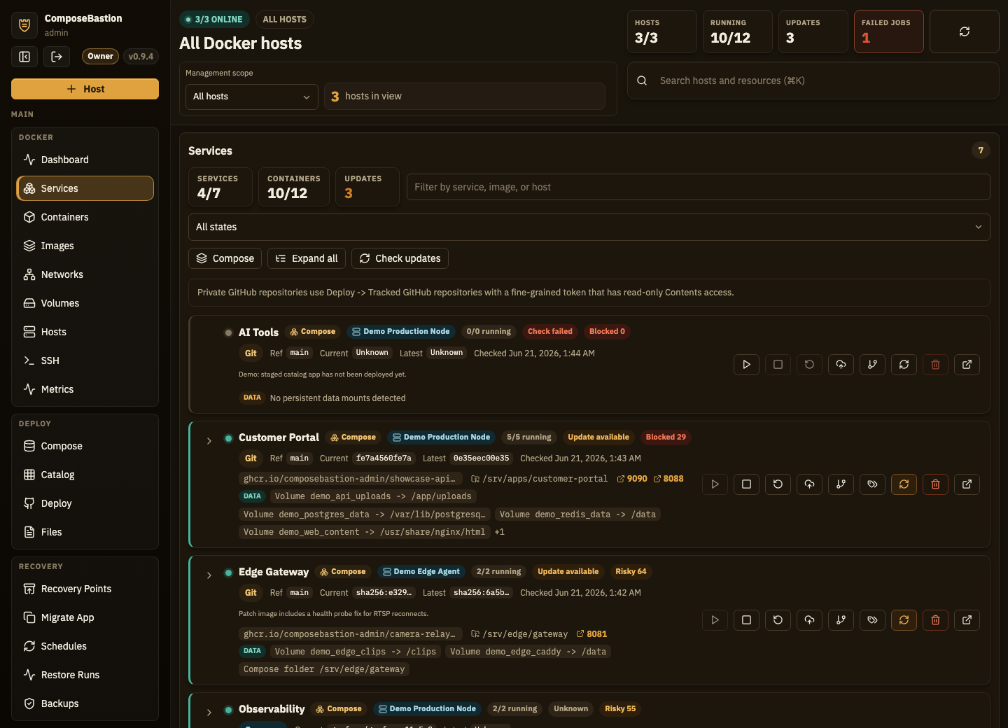 Services inventory with source tracking and update status
